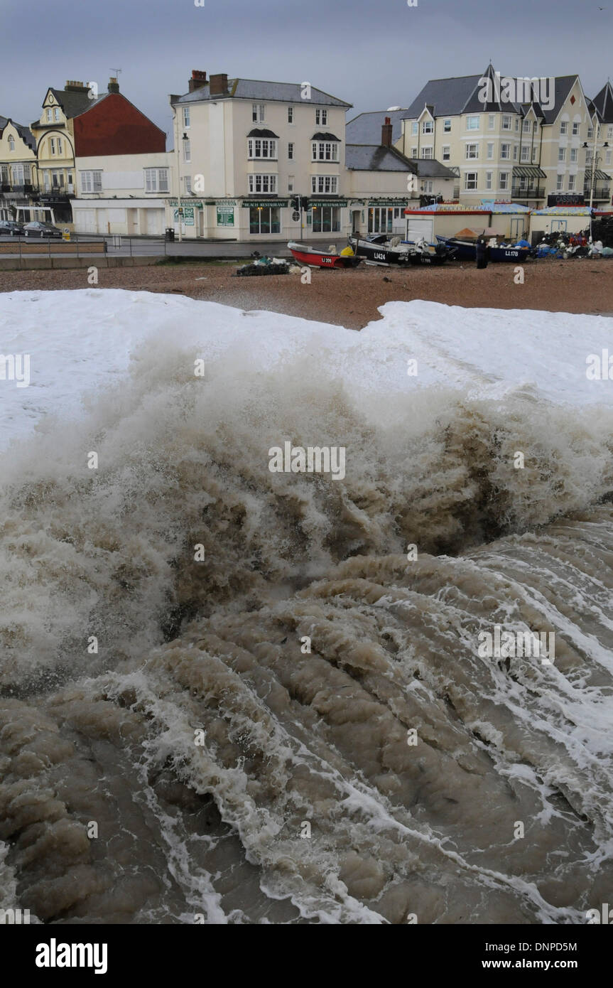 Bognor Regis a south coast holiday town shows its darker side in this image of the seafront sea front during a winter storm Stock Photo