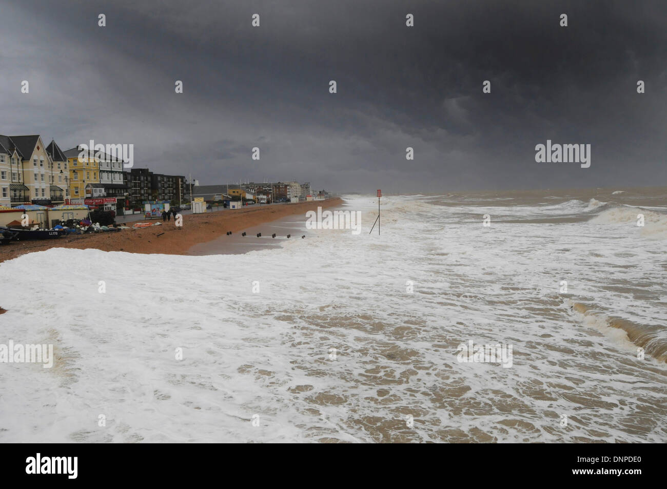 Bognor Regis a south coast holiday town shows its darker side in this image of the seafront sea front during a winter storm Stock Photo