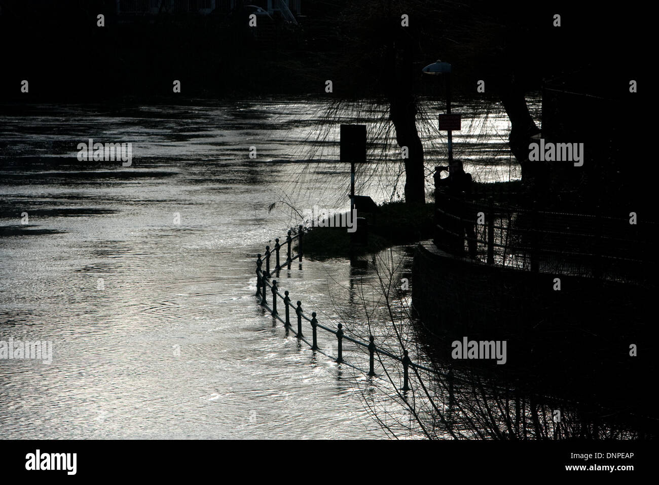 Shrewsbury, Shropshire, UK. 3rd January 2014. A man photographs the flooded River Severn near to English Bridge in Shrewsbury, Shropshire. The riverside footpath is covered in water as further rain is predicted over the weekend. Stock Photo