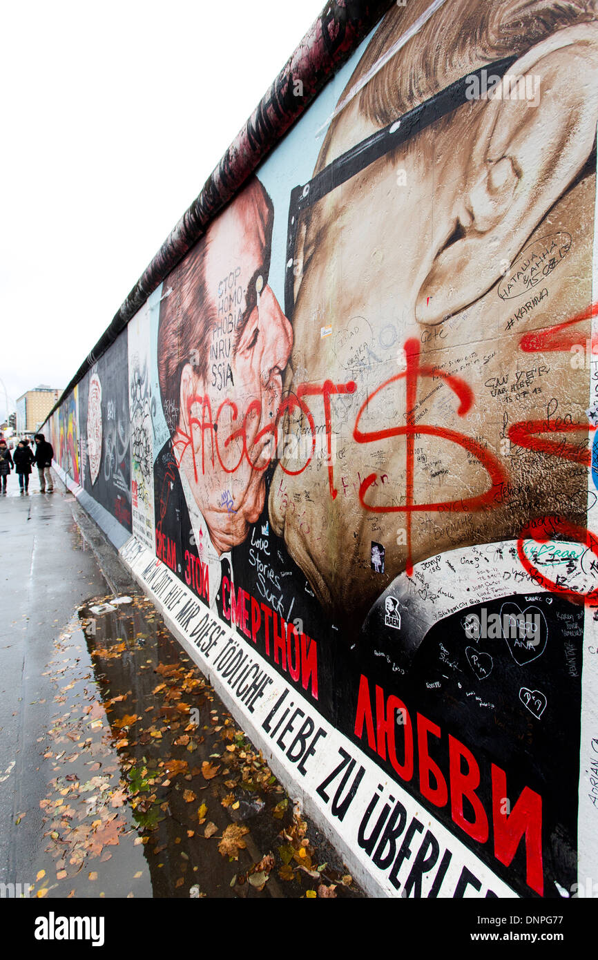 06/12/2013 Berlin Wall mural showing Leonid Brezhnev kissing East German leader Erich Honecker mural Berlin Germany Stock Photo