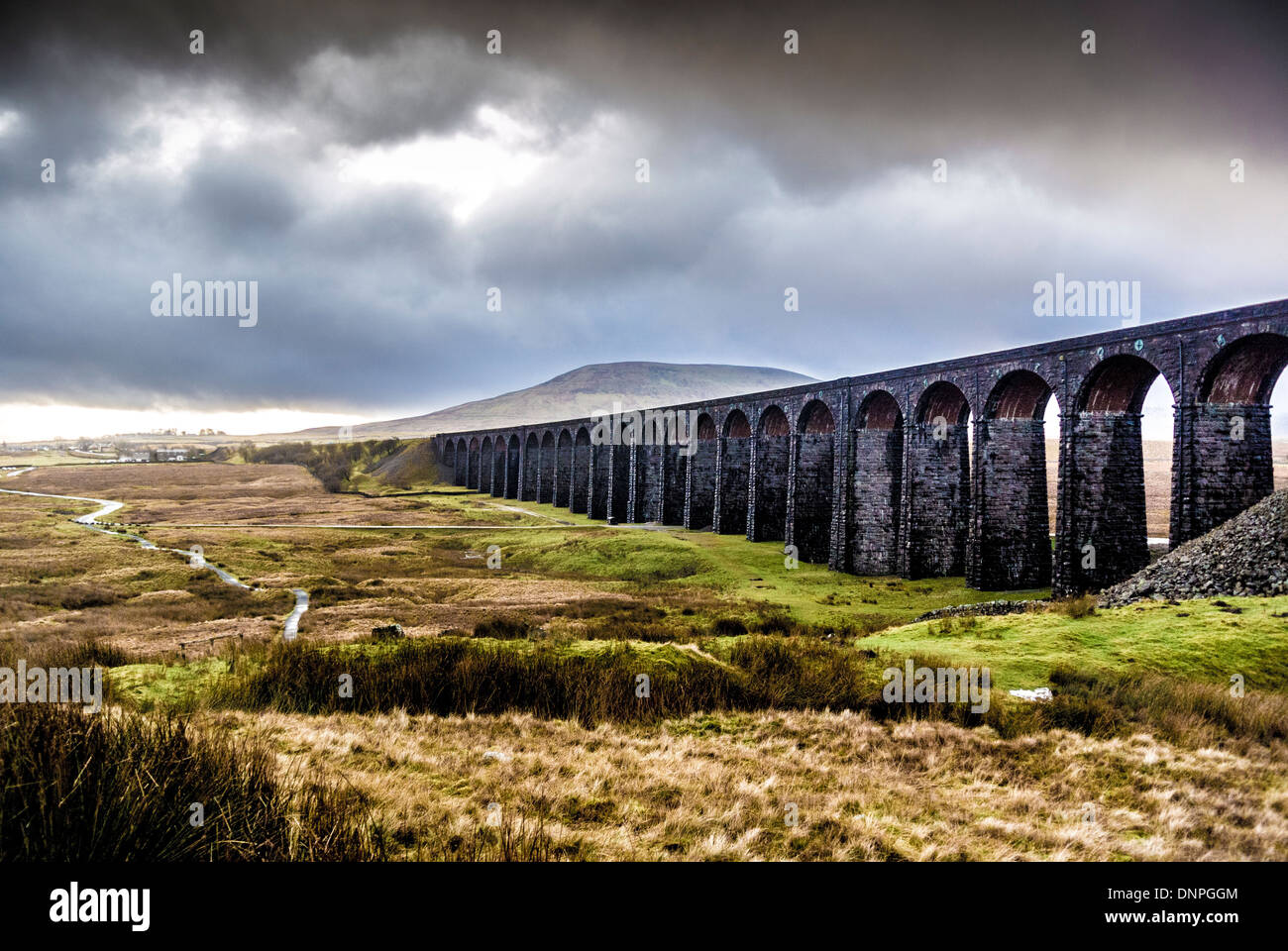 Ribblehead Viaduct, North Yorkshire. Originally named Batty Moss railway viaduct. Park Fell in distance Stock Photo