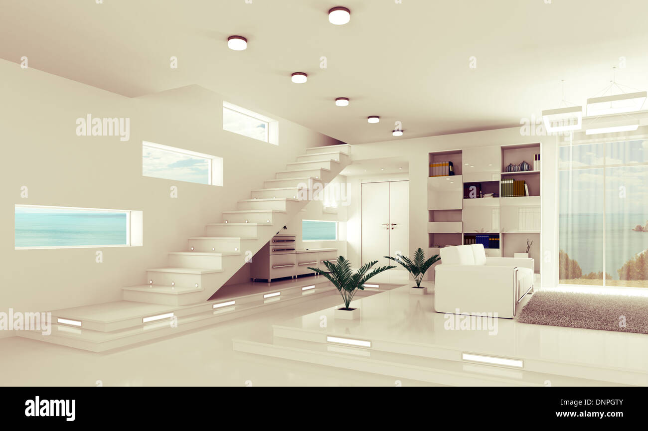 Interior of modern apartment hall with staircase 3d render Stock Photo ...