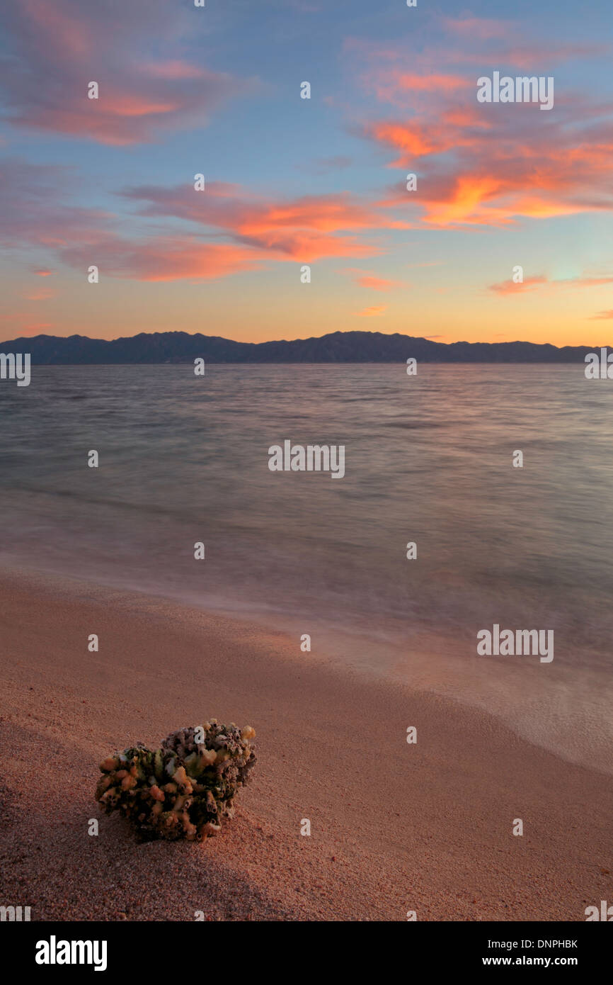 Sunrise on the beach in El Sargento with the Gulf of California Island on the horizon. Sea of Cortez, Mexico, Baja. Stock Photo