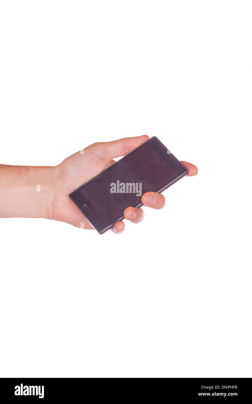 hand holding a mobile isolated on white background Stock Photo - Alamy