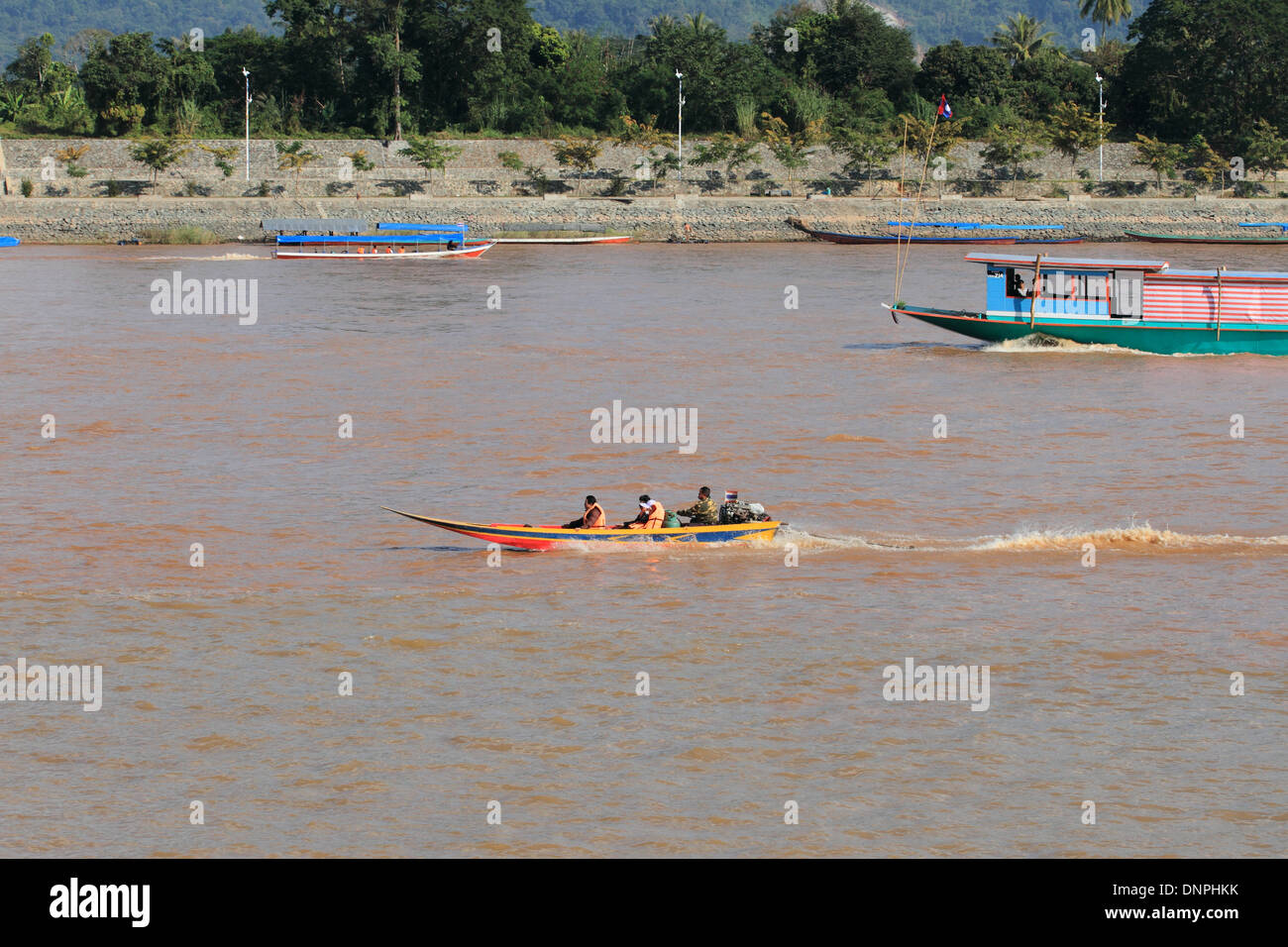 longtail boat along mekong river, Stock Photo