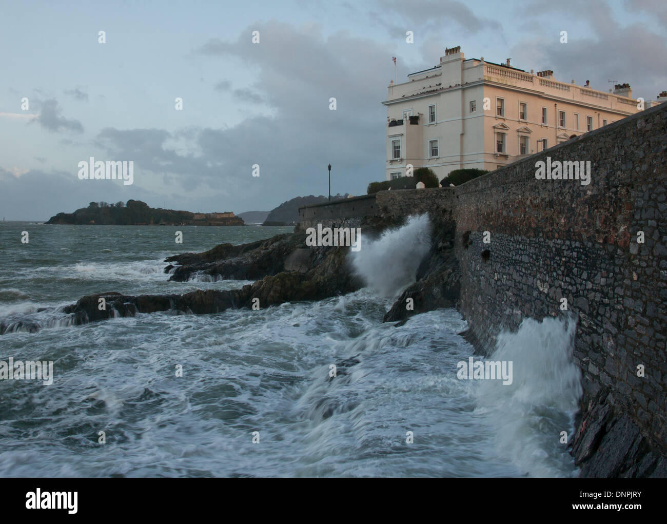 West Hoe, Plymouth, UK. 03rd Jan, 2014. Waves crash up the high walls of West Hoe, Plymouth, England during a passing storm. Credit:  Anna Stevenson/Alamy Live News Stock Photo