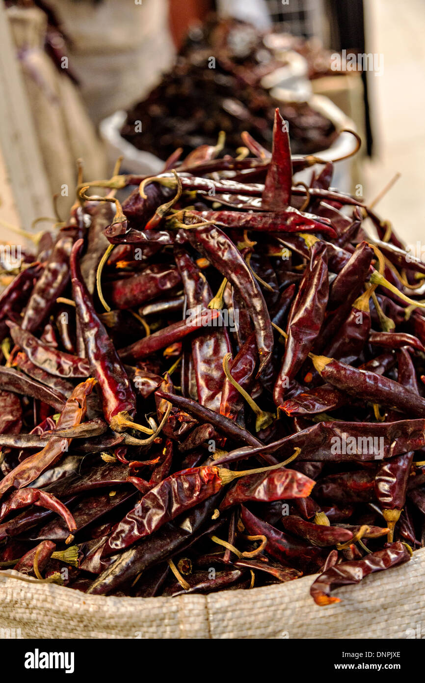 Dried Puya Chili Pepper at Benito Juarez market in Oaxaca, Mexico. Stock Photo