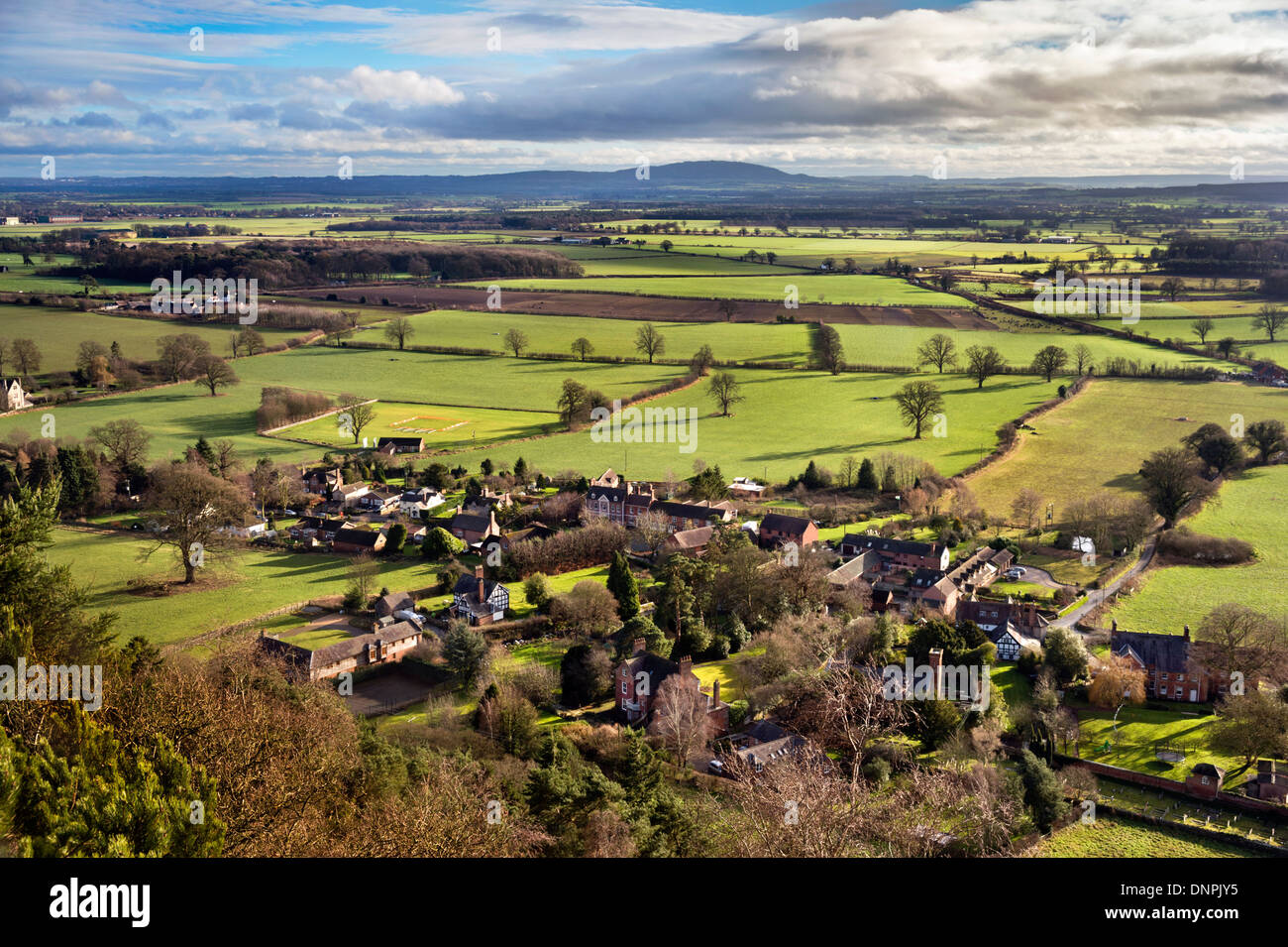 Grinshill, Shropshire, England, UK. View south over the village towards The Wrekin hill. Stock Photo