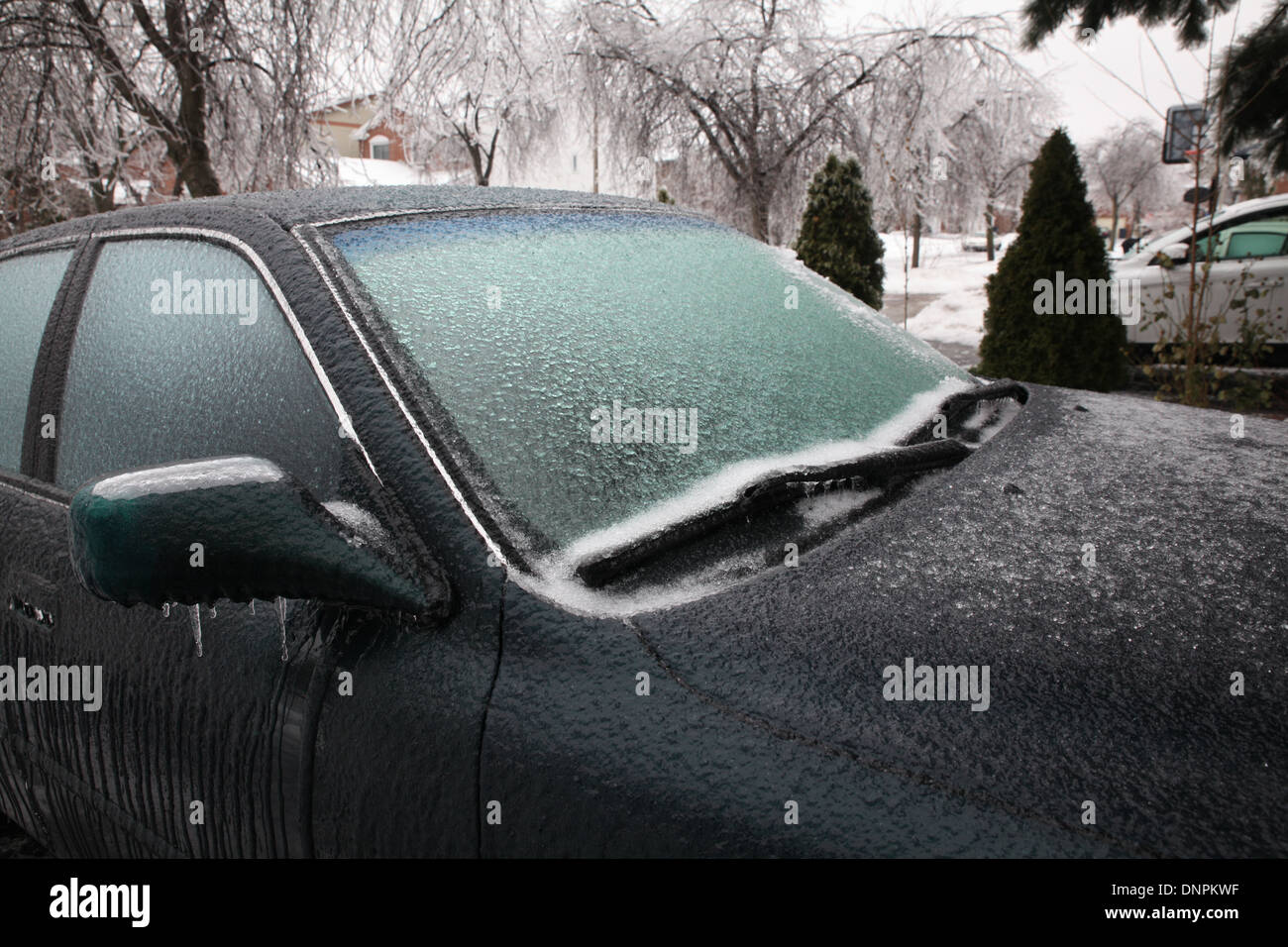 Car windshield covered in ice Stock Photo