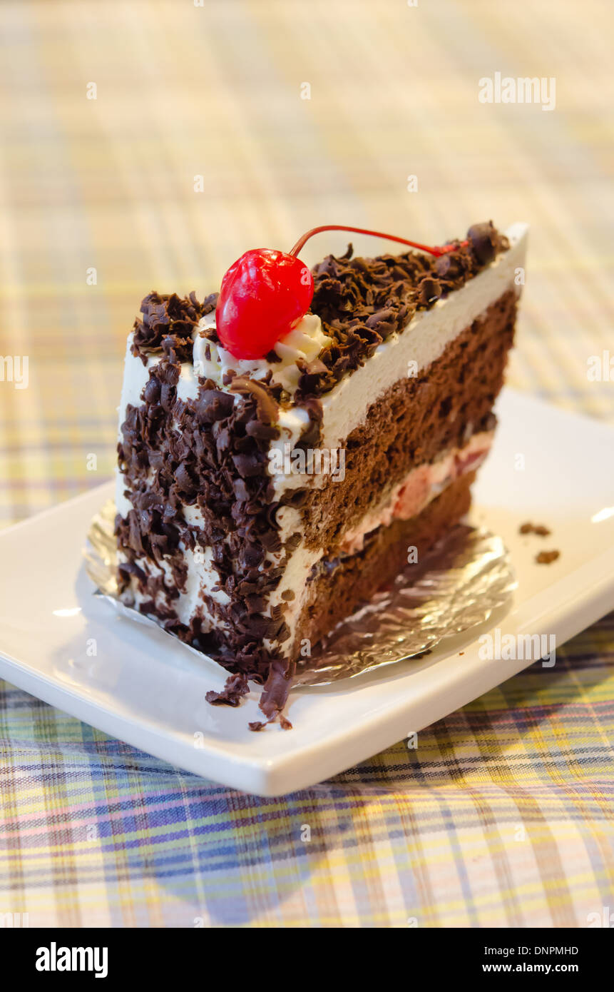 slice of delicious chocolate cake with red berry Stock Photo