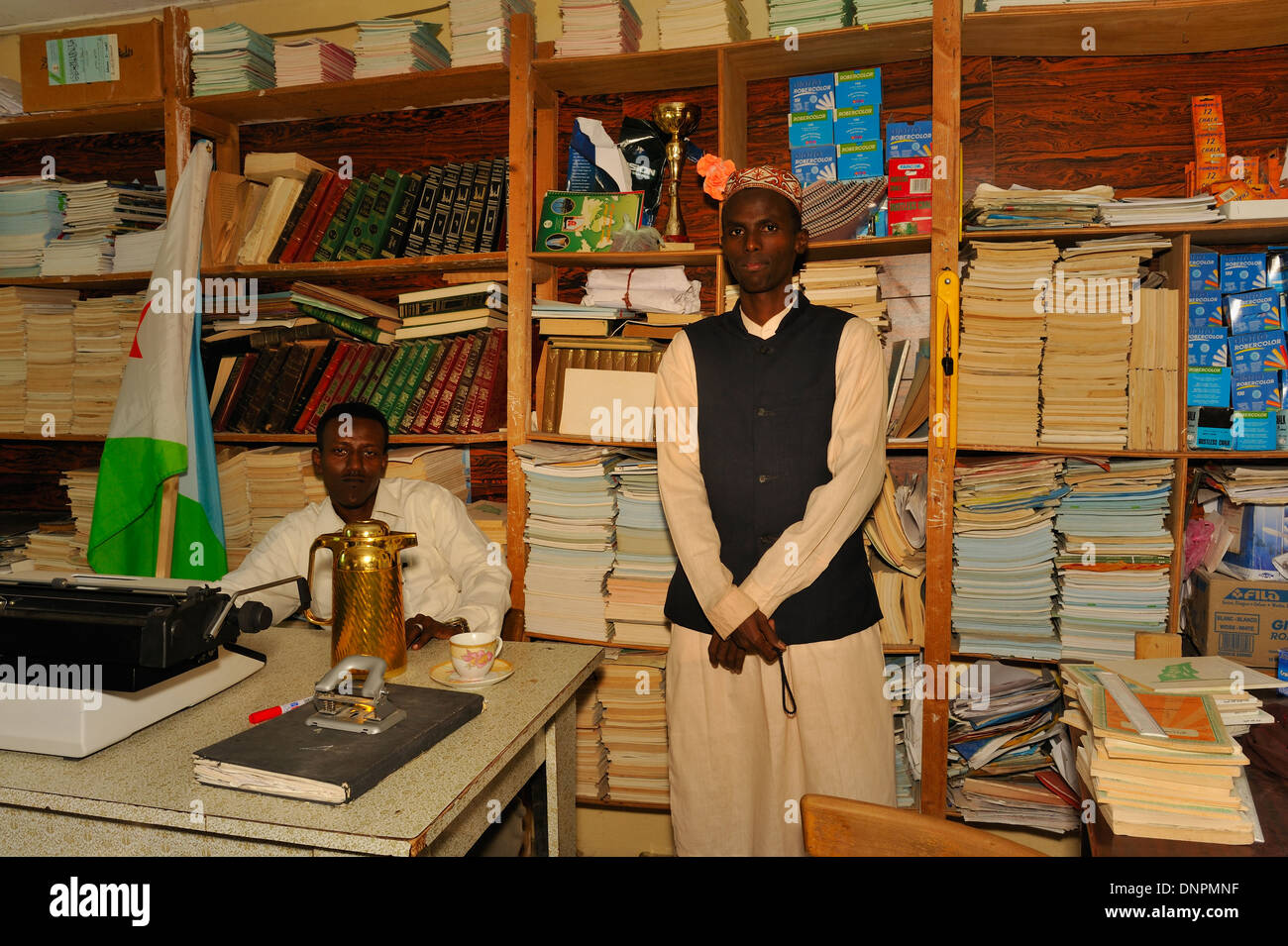 Book shop with the two owners in Dikhil town in the south of Djibouti, Horn of Africa Stock Photo