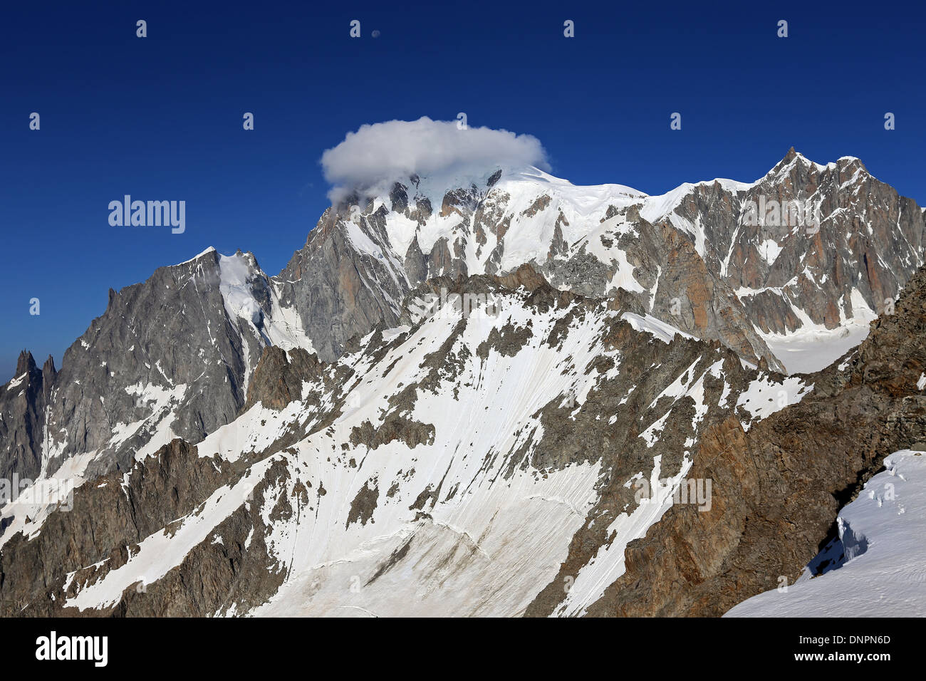 The Mont Blanc mountain massif, glaciers. Alpine landscape. Valle d'Aosta. Italian Alps. Stock Photo