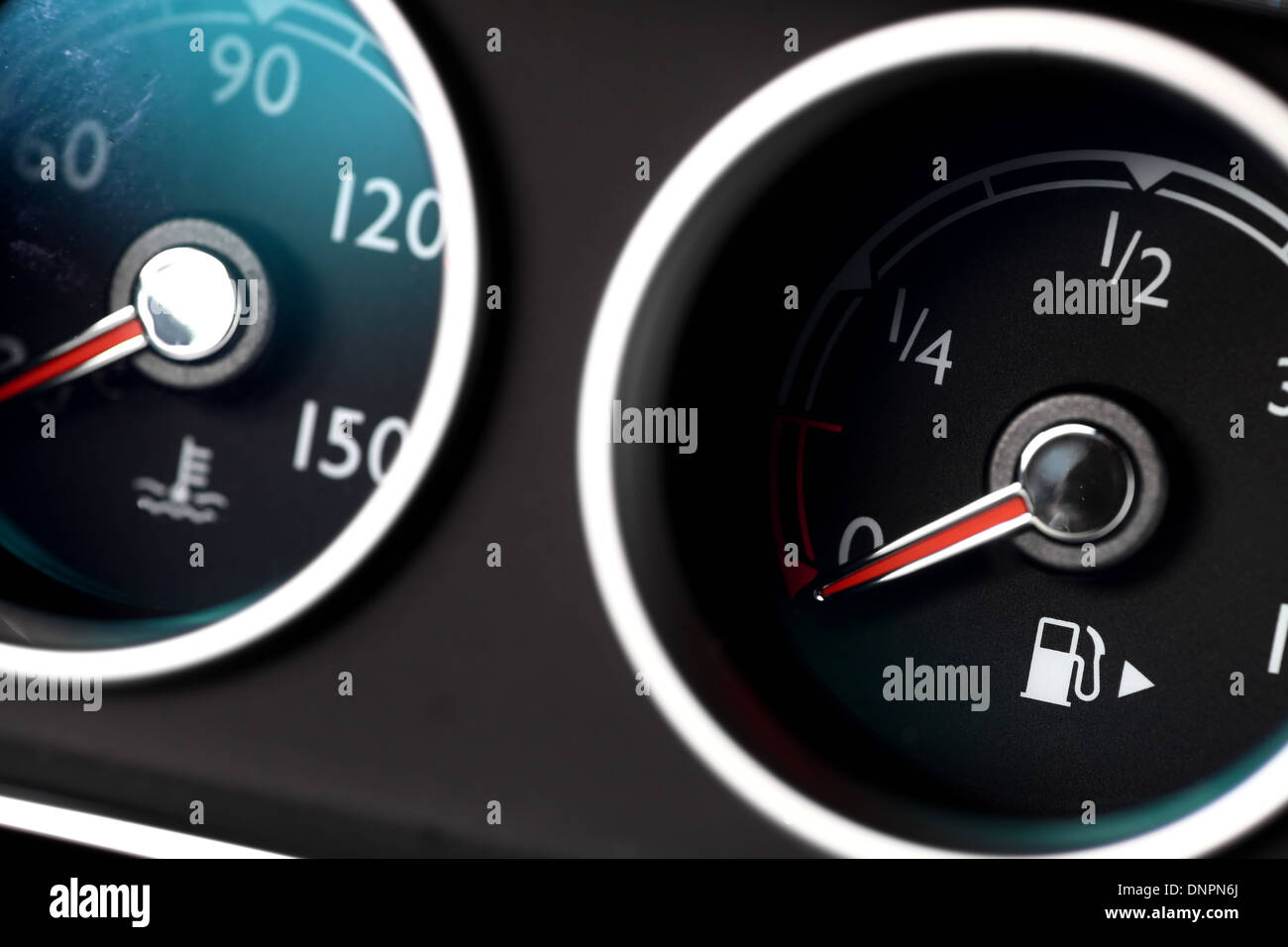 Coolant temperature and fuel level gauges on a car's dashboard Stock