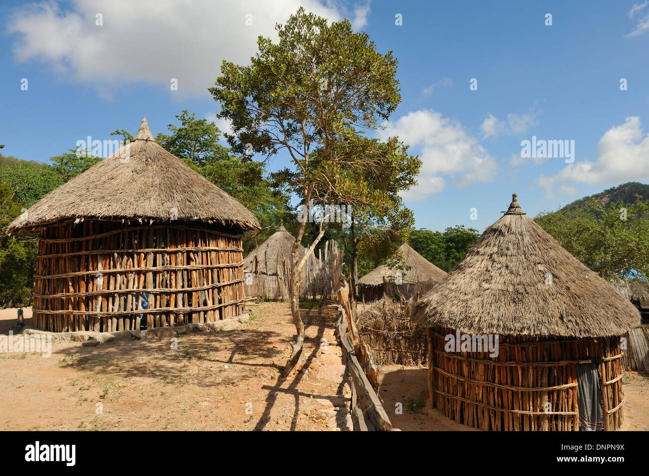 Typical rounded Djiboutian huts in a village in the Day forest in Djibouti, Horn of Africa Stock Photo