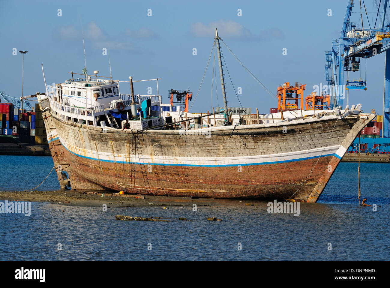 Typical Djiboutian wooden boat used for people transportation in Djibouti city, Djibouti, Horn of Africa Stock Photo