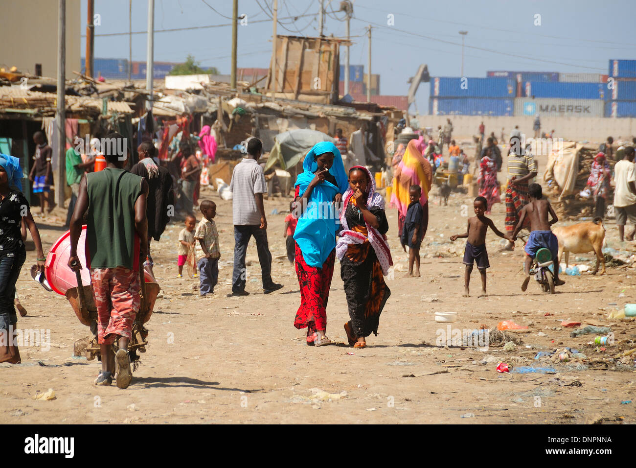 Djiboutian people walking in a street of Balbala district near Djibouti city, Djibouti, Horn of Africa Stock Photo