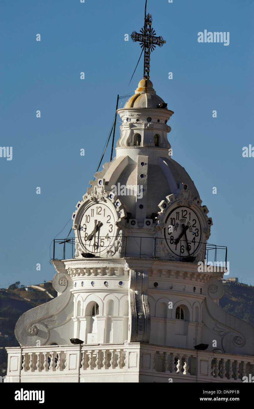 Steeple of the church Santo Domingo, Quito city, capital of Ecuador Stock Photo