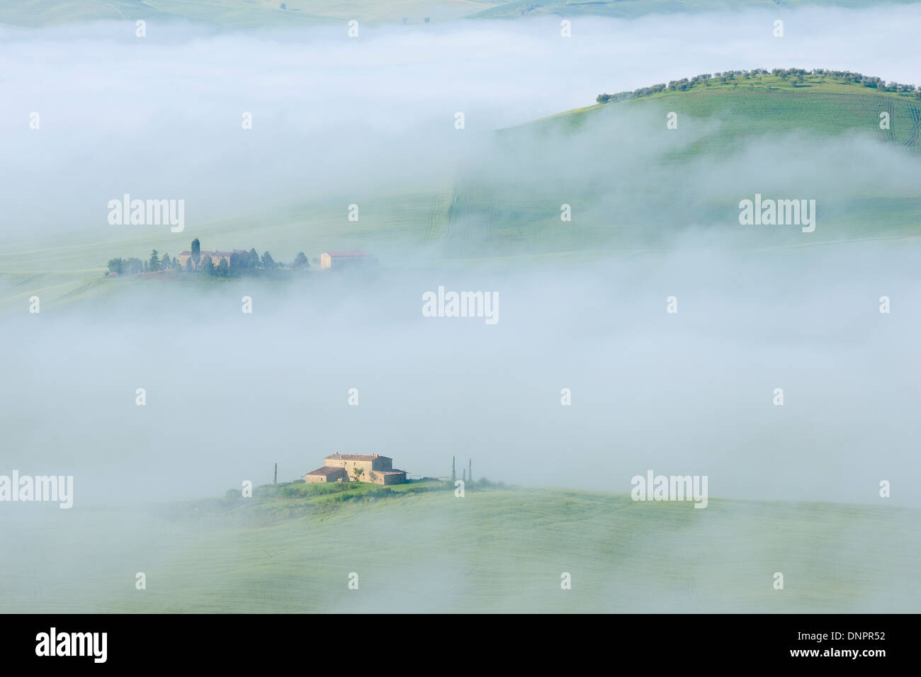 Typical Tuscany landscape with farm in morning with fog near Pienza. Pienza, Siena district, Tuscany, Toscana, Italy. Stock Photo