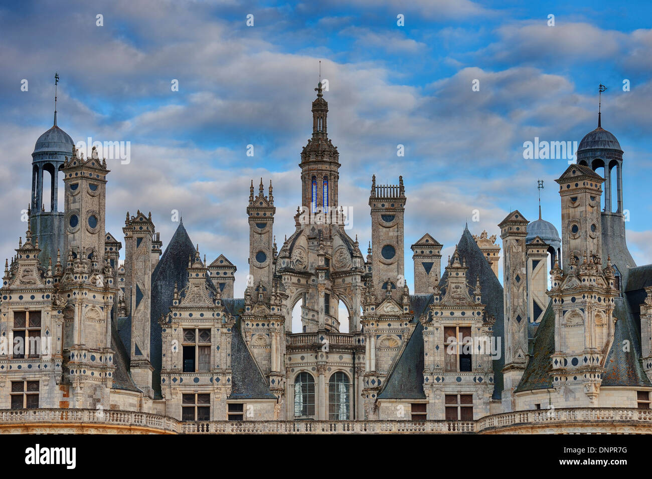 Close-up of towers, Chambord Castle, UNESCO World Heritage Site, Chambord, Loir-et-Cher, Loire Valley, France Stock Photo