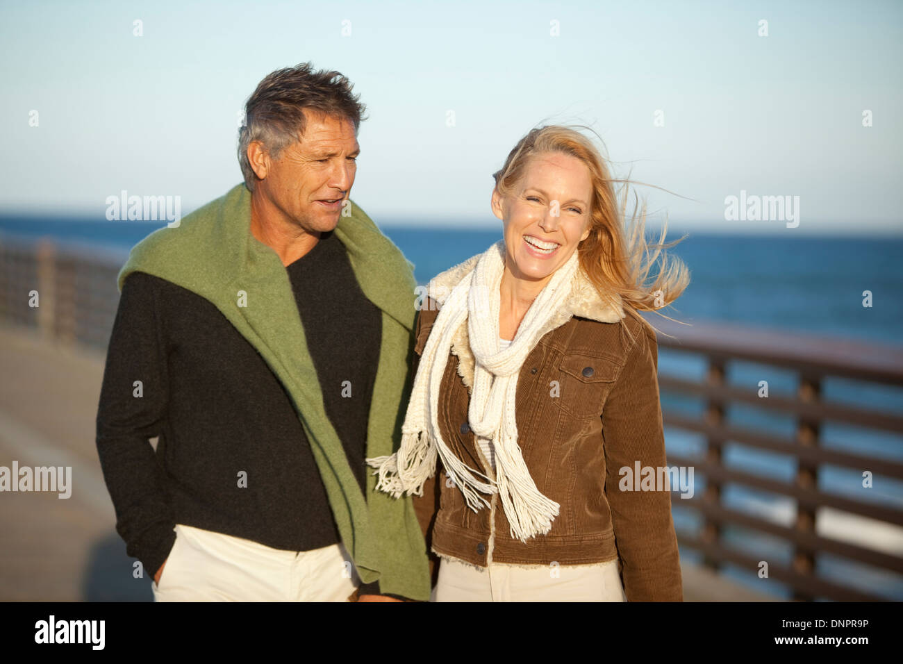 Mature Couple Walking along Pier, Jupiter, Palm Beach County, Florida, USA Stock Photo