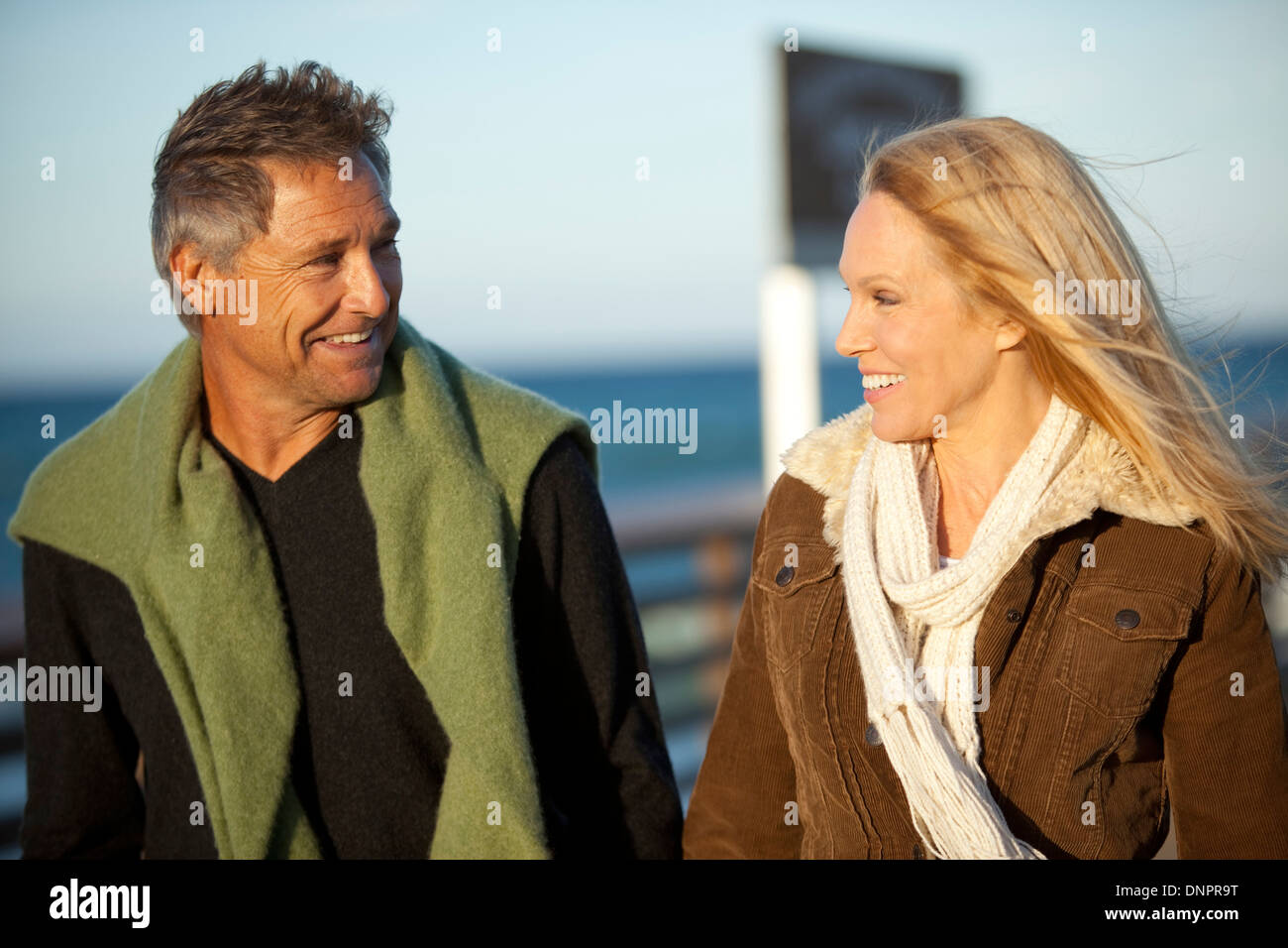 Mature Couple Walking along Pier, Jupiter, Palm Beach County, Florida, USA Stock Photo