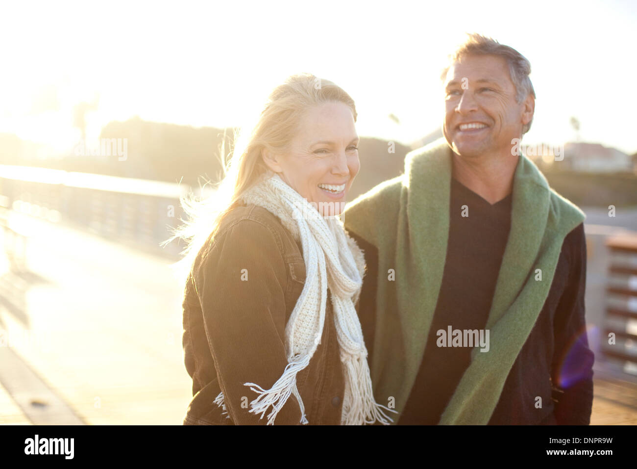 Mature Couple Walking along Pier, Jupiter, Palm Beach County, Florida, USA Stock Photo