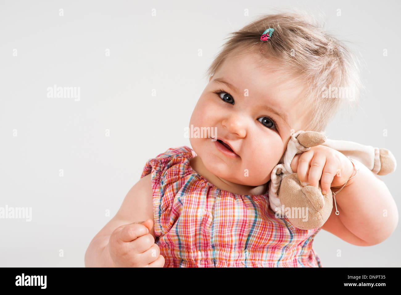 Portrait of Baby Girl with Stuffed Animal, Studio Shot Stock Photo