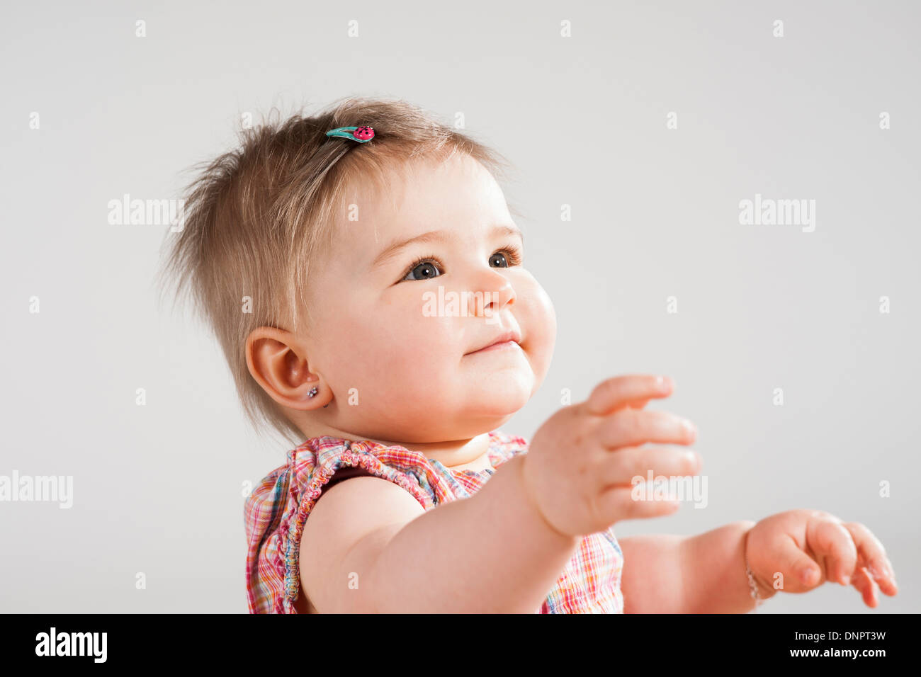 Head and Shoulders Portrait of Baby Girl, Studio Shot Stock Photo