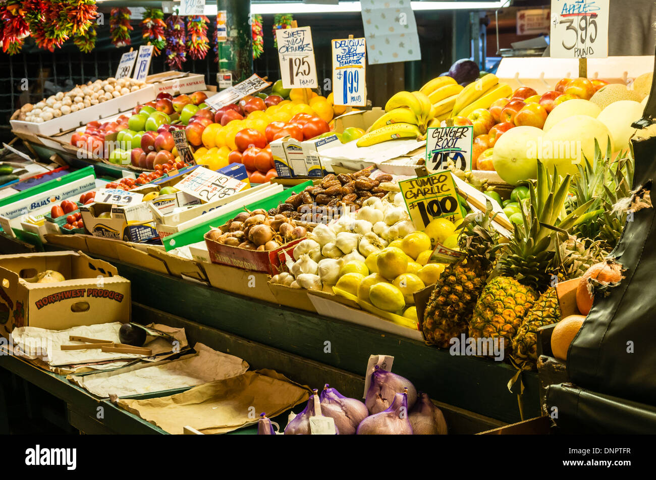 Fresh produce in a market stall Pike Place Market Seattle, Washington, USA Stock Photo