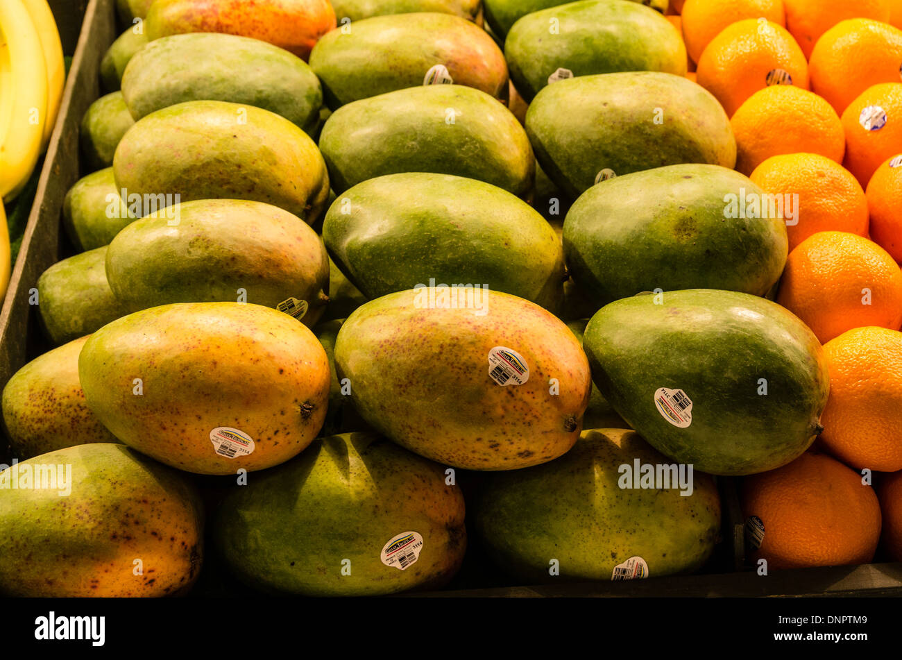 Fresh papaya fruit on display in a produce vendor's stall Pike Place Market Seattle, Washington, USA Stock Photo
