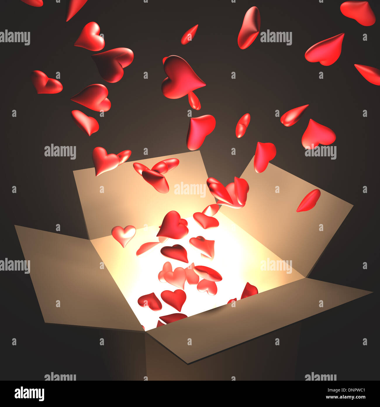 Open box with heart and light inside. Concept of love. Stock Photo