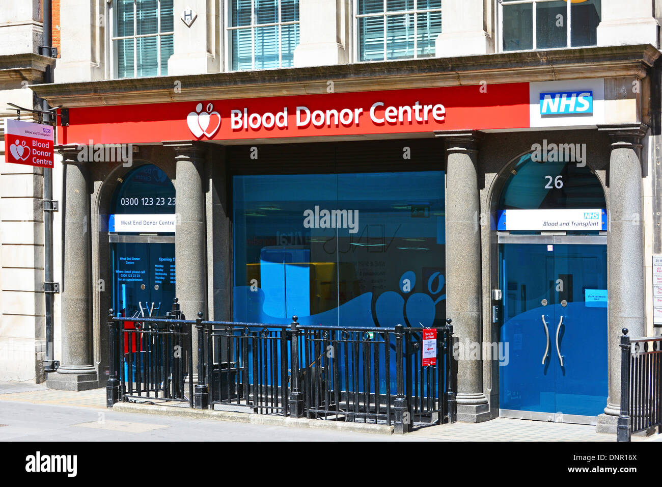 National Health Service NHS by appointment dedicated public Blood Donor Centre clinic with conspicous shop front in West End London England UK Stock Photo