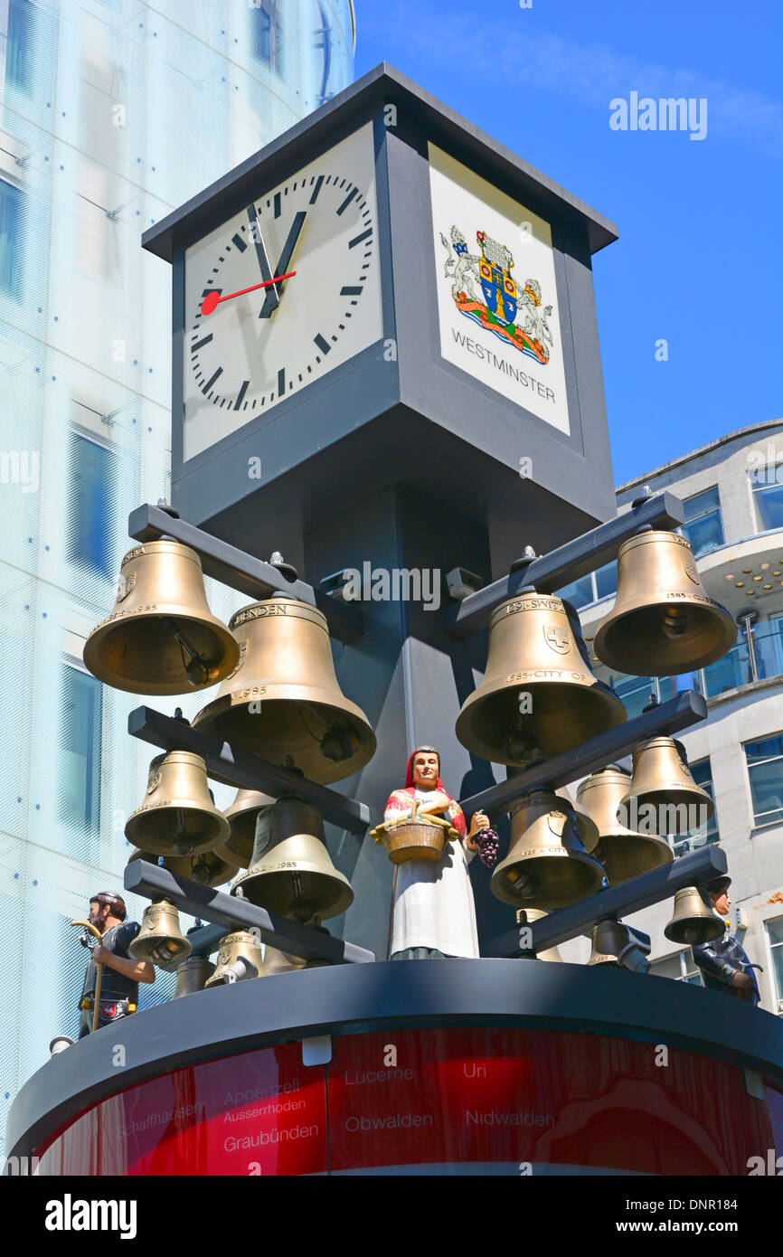 Redesigned & relocated Swiss Glockenspiel of 27 bells and 11 moving Swiss figures ("as it was" see Alamy ref AH55F7 & AH55F1) Stock Photo