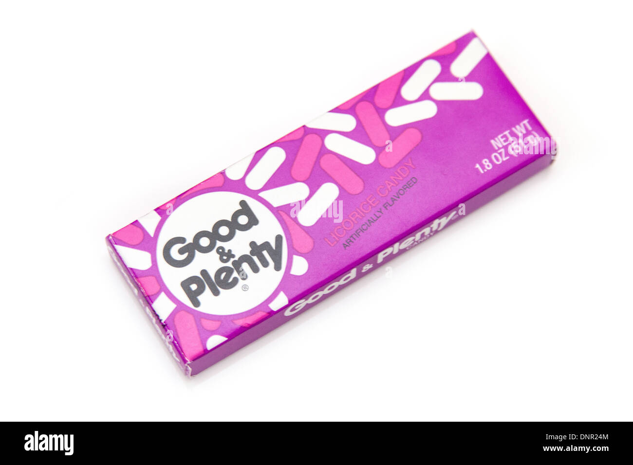 Good and Plenty, box of American candy sweets isolated on a white studio background. Stock Photo
