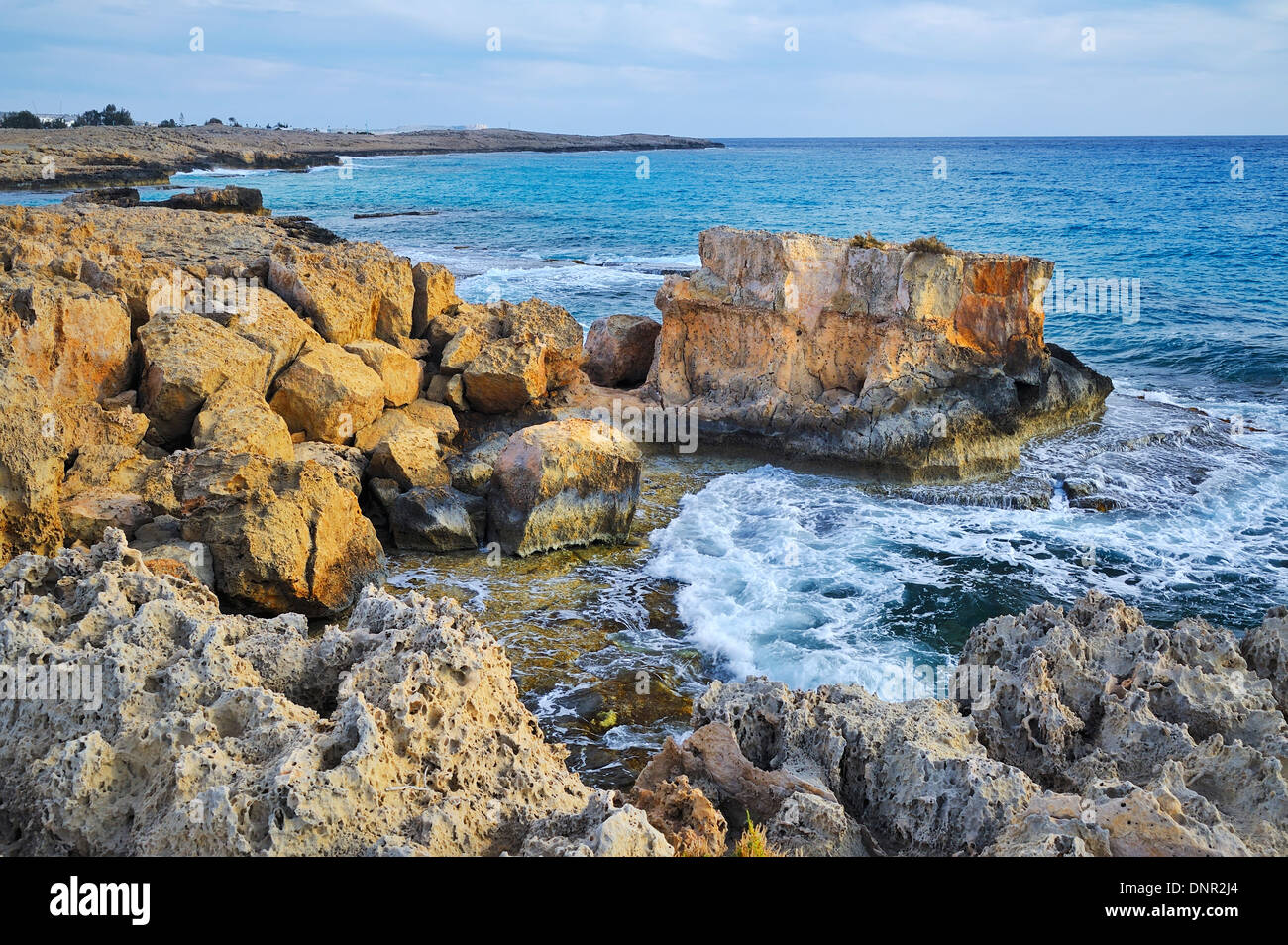 The rough and rocky coast line in Ayia Napa, Cyprus. Stock Photo
