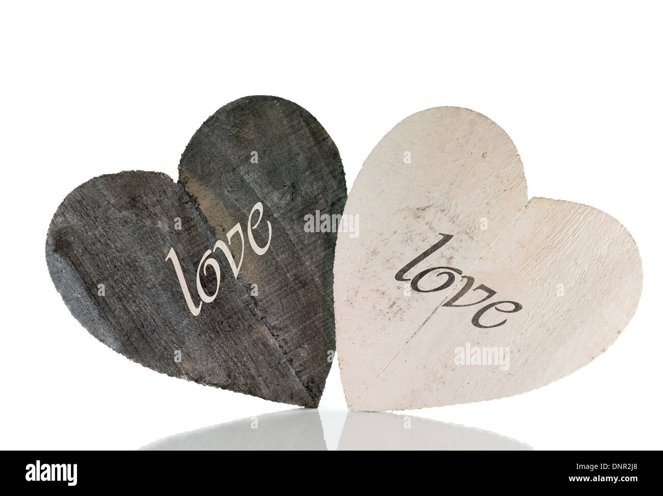 two wooden heart shapes for valentines with space for text isolated on ...