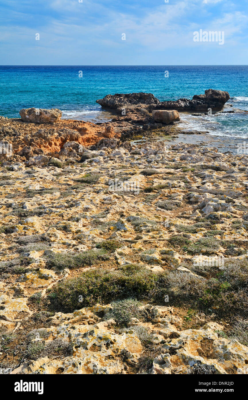 The rough and rocky coast line in Ayia Napa, Cyprus. Stock Photo