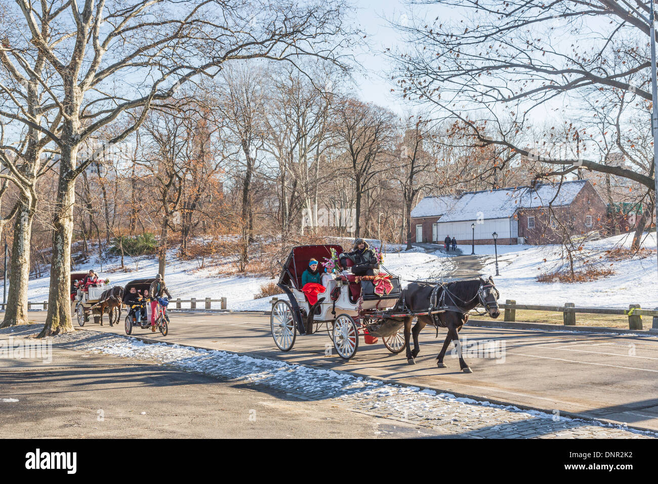 Tourists enjoy horse and carriage and cycle taxi rides in the snow in winter in Central Park, Manhattan, New York, USA Stock Photo