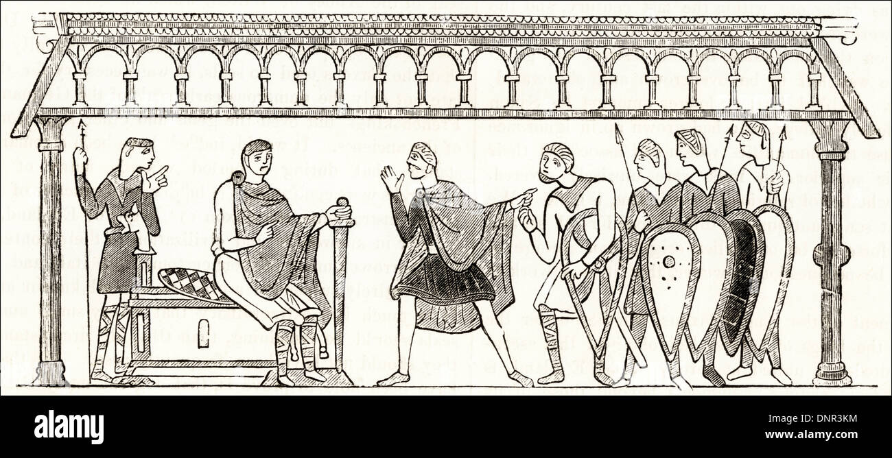 Harold Godwinson appearance at the Court of the Count of Ponthieu from the Bayeux Tapestry. Victorian woodcut circa 1845. Stock Photo