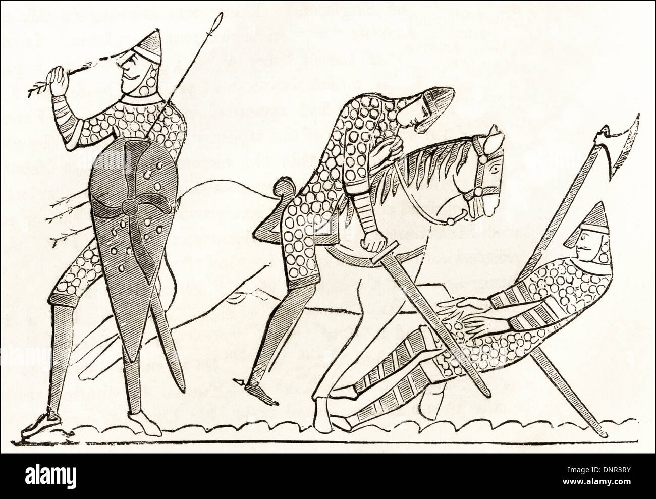 Death of King Harold II at the Battle of Hastings from the Bayeux Tapestry. Victorian woodcut circa 1845. Stock Photo