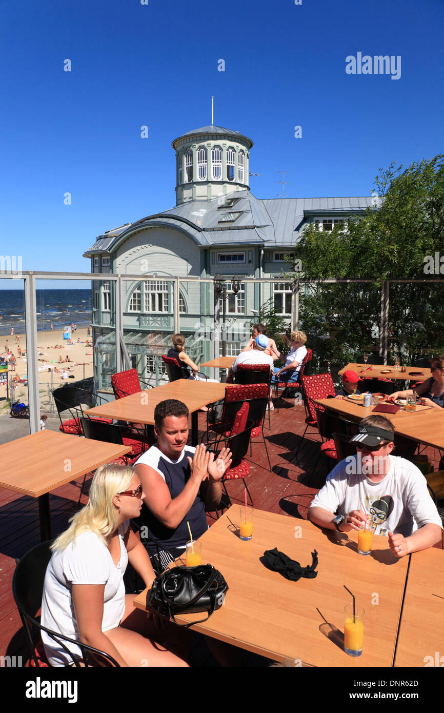 Cafe terrace near the Art Nouveau Bath at Majori beach, baltic sea ...