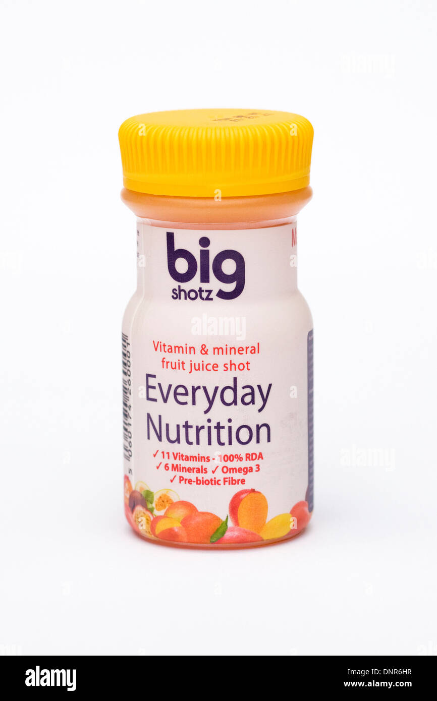 Big Shotz vitamin and mineral juice drink on a white background. Stock Photo