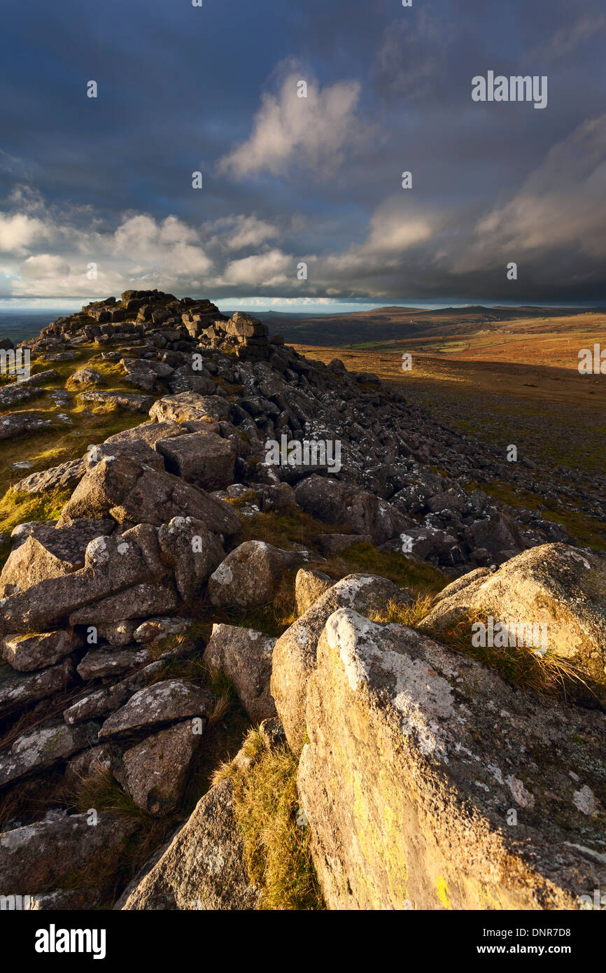 View over Dartmoor from Sharpitor on a showery winter afternoon Stock Photo
