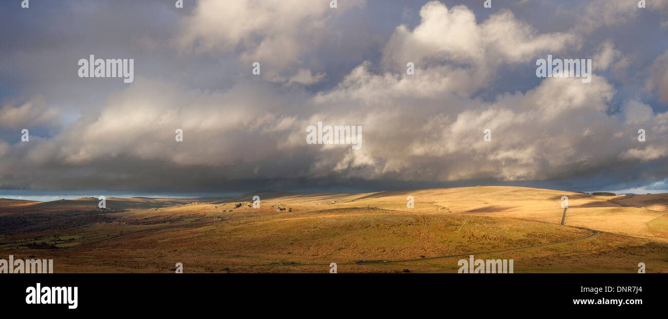 View north over Dartmoor from Sharpitor on a showery December afternoon Stock Photo