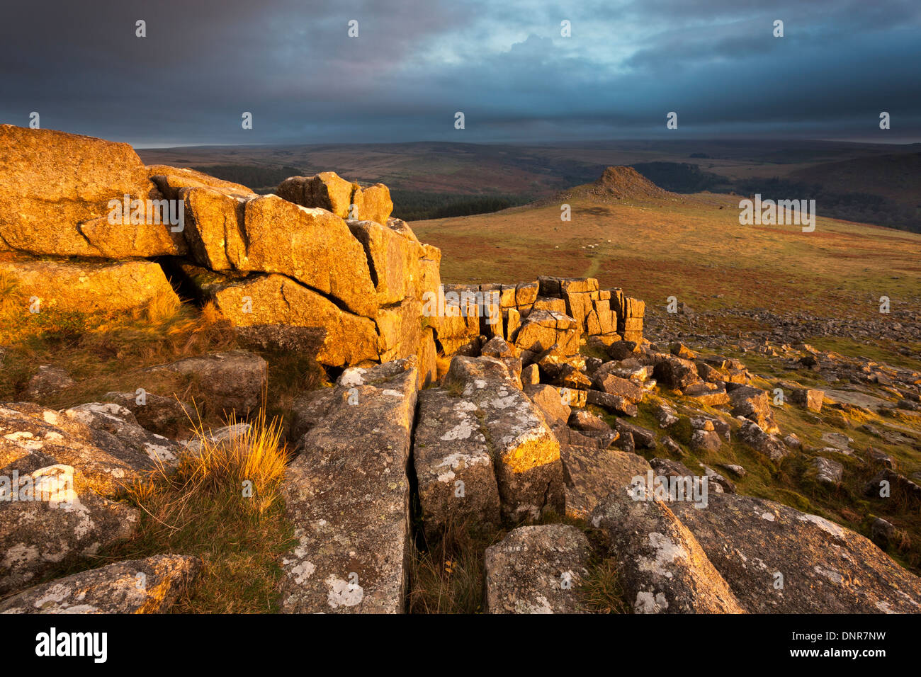 Looking over Dartmoor to Leather Tor from Sharpitor in the late winter afternoon Stock Photo