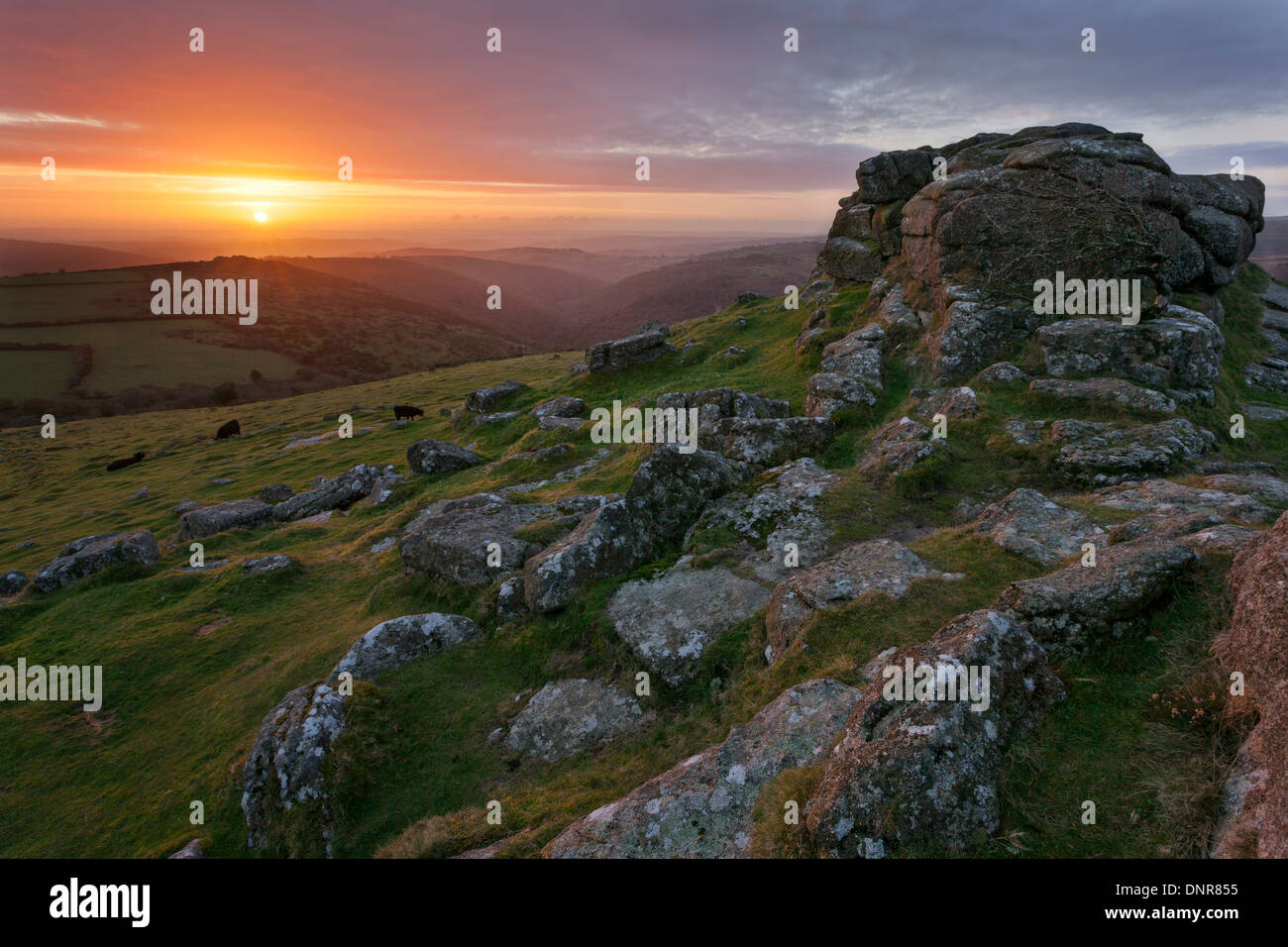 Sunrise over the river Dart valley from Sharp Tor in the Dartmoor national park Stock Photo