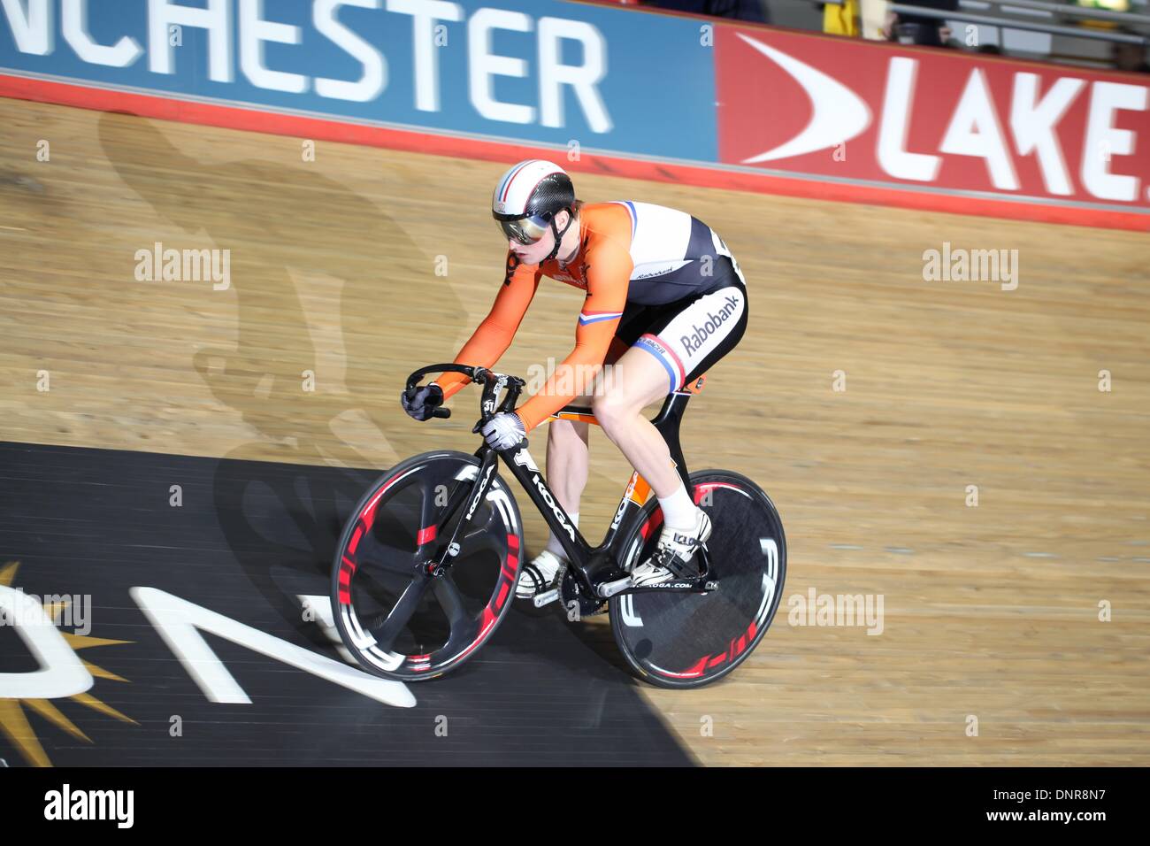 Manchester, UK. 4th January 2014. Revolution Series Track Cycling Round 3. Tomas Babek  (Czech Republic) in the men's sprint qualifying Credit:  Neville Styles/Alamy Live News Stock Photo
