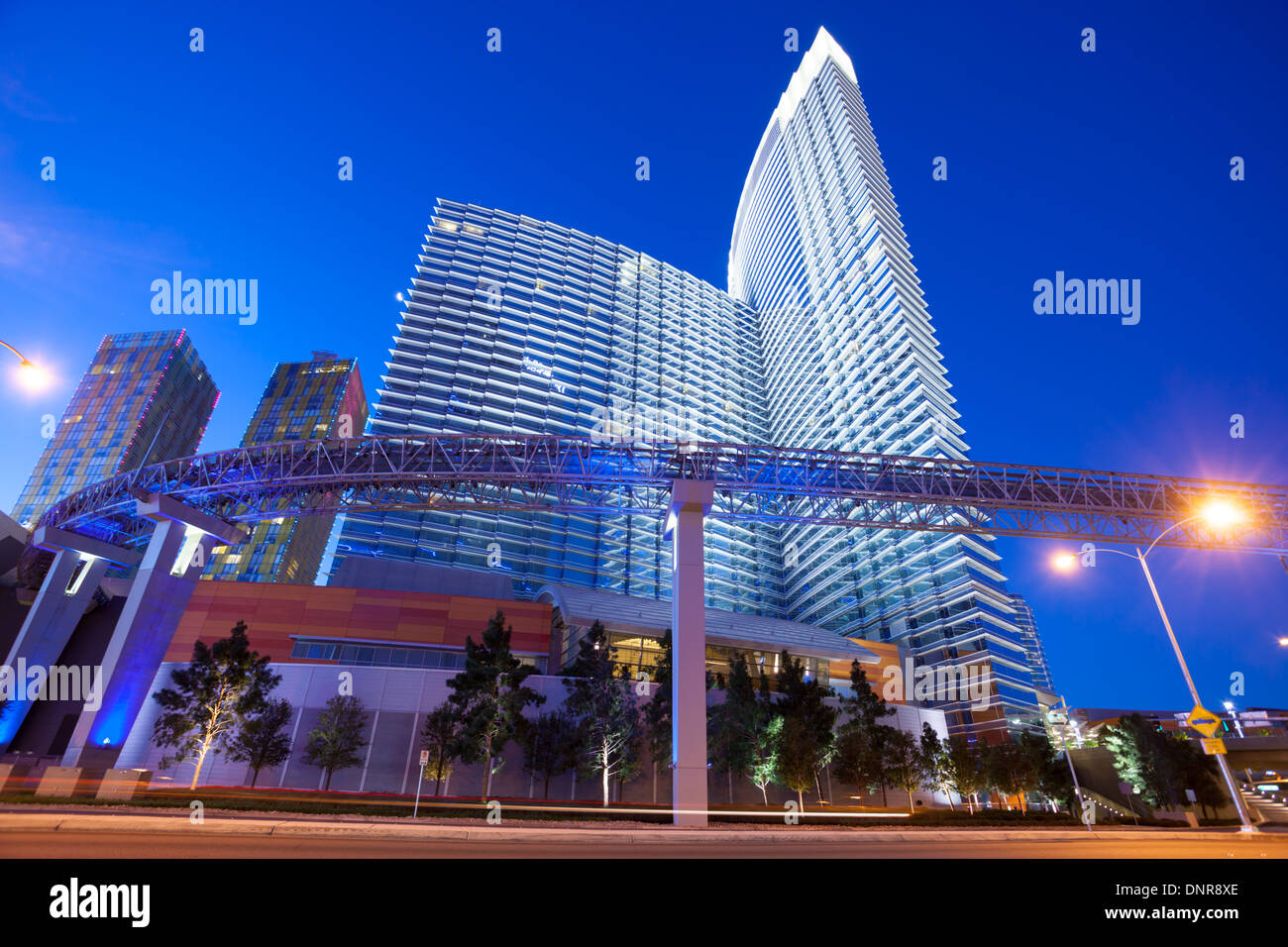 Night time / evening shot of the tram / monorail connecting the Aria hotel & casino in Las Vegas with the Crystals shopping mall Stock Photo