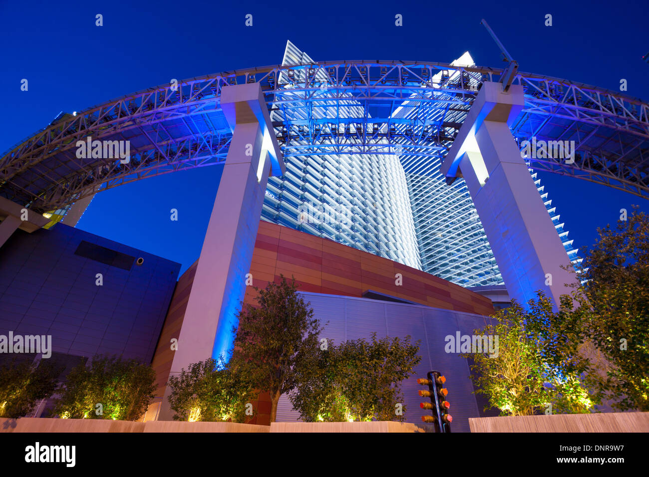 Night time / evening shot of the tram / monorail connecting the Aria hotel & casino in Las Vegas with the Crystals shopping mall Stock Photo