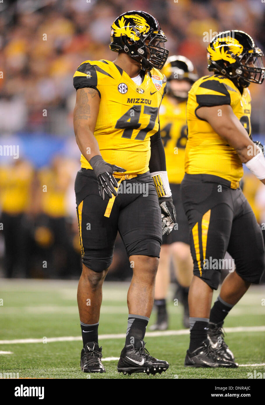 Arlington, TX, USA. 03rd Jan, 2014. Missouri Tigers defensive lineman Kony Ealy #47 during the 78th Annual AT&T Cotton Bowl Classic bowl game between the Oklahoma State University Cowboys and the Missouri Tigers at AT&T Stadium in Arlington, TX Missouri defeated Oklahoma State 41-31 Credit:  Cal Sport Media/Alamy Live News Stock Photo
